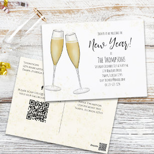 New Years Party Champagne QR Code Pre Addressed  Postcard