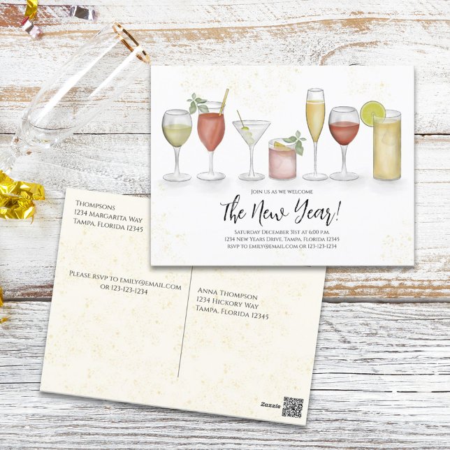 New Years Party Cocktails Watercolor Pre Addressed Postcard (Creator Uploaded)