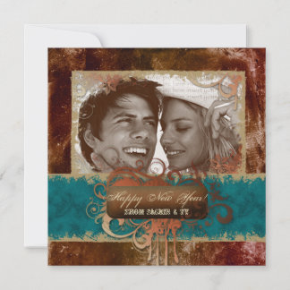 New Year's Party Grunge Copper Blue Photocard Invitation
