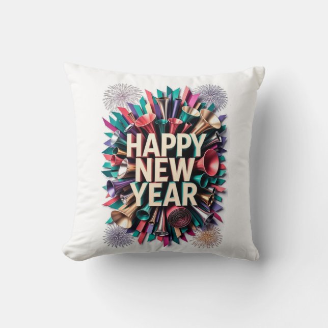 New Year's Party Horn T-Shirt, Confetti Burst Cushion (Front)