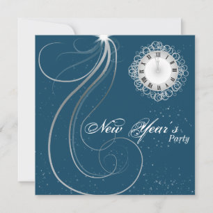 New Year's Party Invitation - Silver & Teal Clock