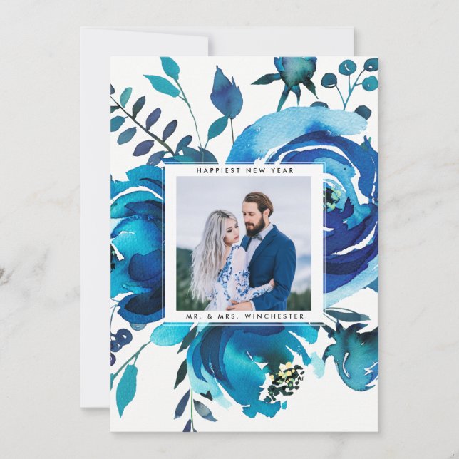 NEW YEAR'S PHOTO CARD | Newlywed Floral Watercolor (Front)