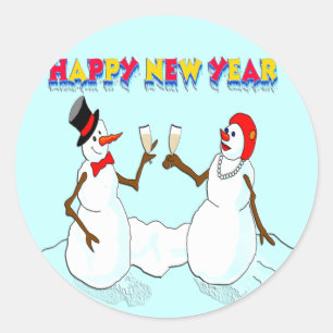 New Year's Snowmen Classic Round Sticker