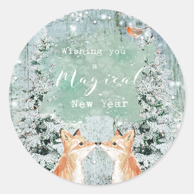 new years winter holiday snow fox woodland classic round sticker (Front)
