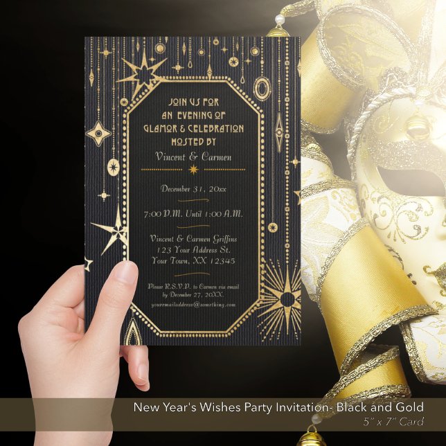 New Year's Wishes Black and Gold Party Invitation (New Year's Wishes Black and Gold Party Invitation)