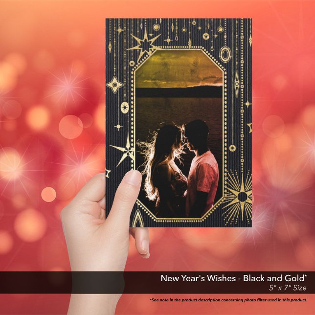 New Year's Wishes Black Gold Photo Holiday Card (New Year's Wishes Black and Gold Holiday Card)
