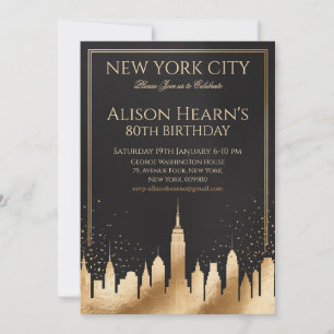 New York 80th Birthday Gold Black Invitation