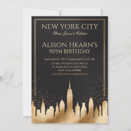 New York 90th Birthday Gold Black Invitation