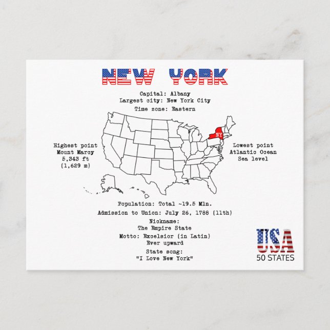 New York American state on a map and useful info Holiday Postcard (Front)