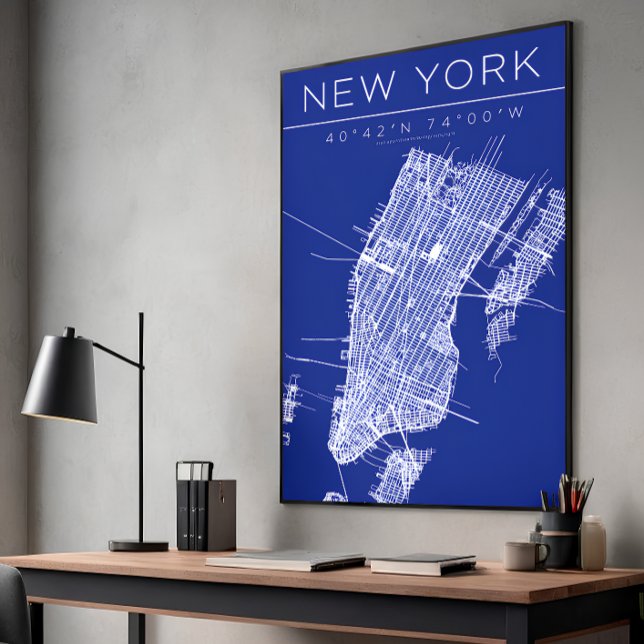 New York Blueprint Map Poster Coordinates Wall Art (New York blueprint wall art perfect for a modern minimal space)