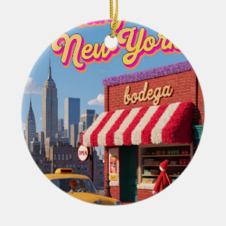 New York Bodega Night Taxi Skyline Poster Ceramic Tree Decoration