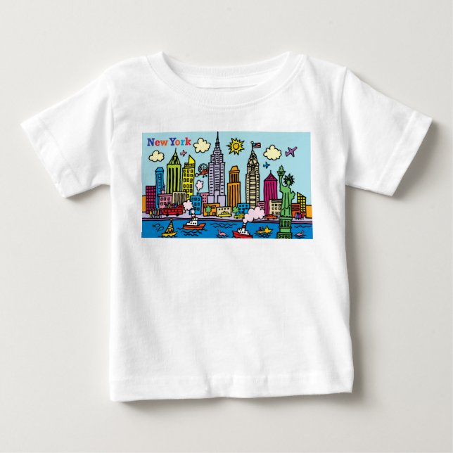 New York Cartoon Sightseeing Buildings Baby T-Shirt (Front)