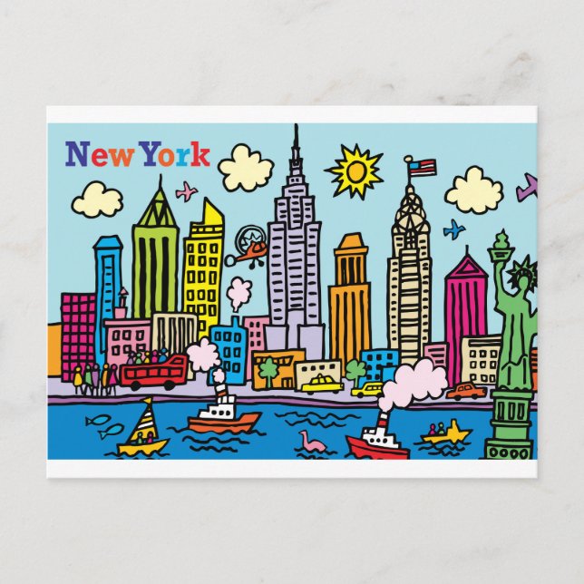 New York Cartoon Sightseeing Buildings Postcard (Front)