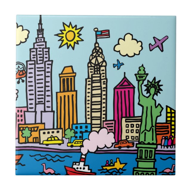 New York Cartoon Sightseeing Buildings Tile (Front)