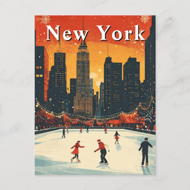 New York Christmas Ice Skating Retro Postcard (Front)