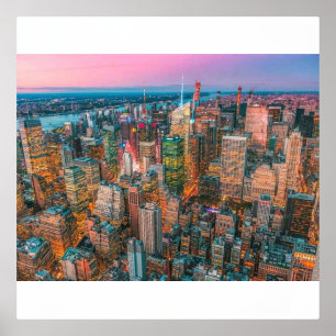 New York City Aerial View at Dusk Vibrant NYC Foil Prints