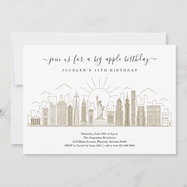 New York City Big Birthday Apple Party Gold Invitation (Front)