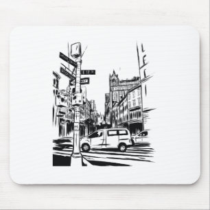 New York City Black and White Urban Street Scene Mouse Pad