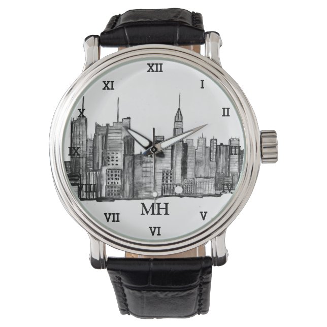 New York City Black Modern Skyline Travel NYC Watch (Front)