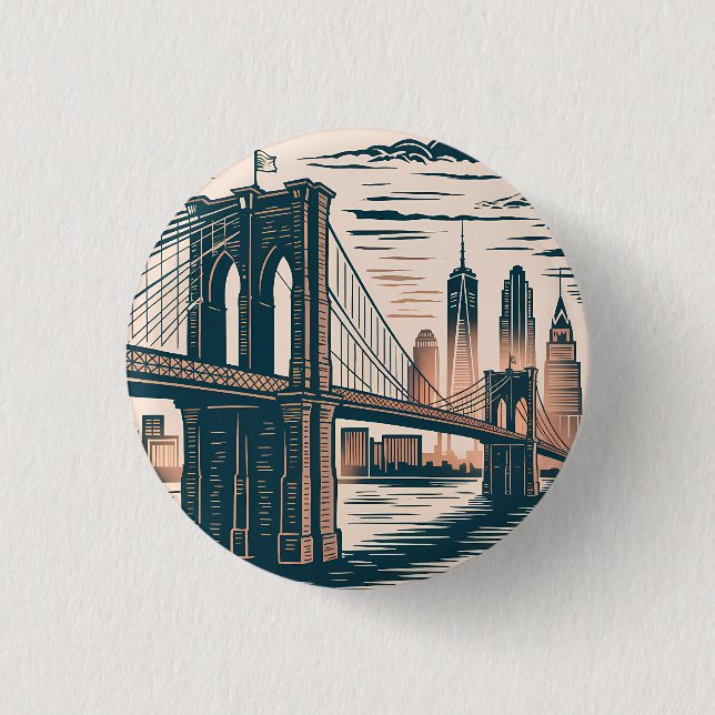 New York City Brooklyn Bridge Bold Retro Skyline  3 Cm Round Badge (Front)