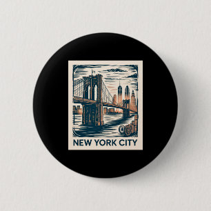 New York City Brooklyn Bridge Bold Retro Skyline _ 6 Cm Round Badge