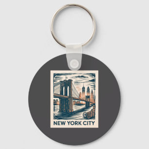 New York City Brooklyn Bridge Bold Retro Skyline Key Ring