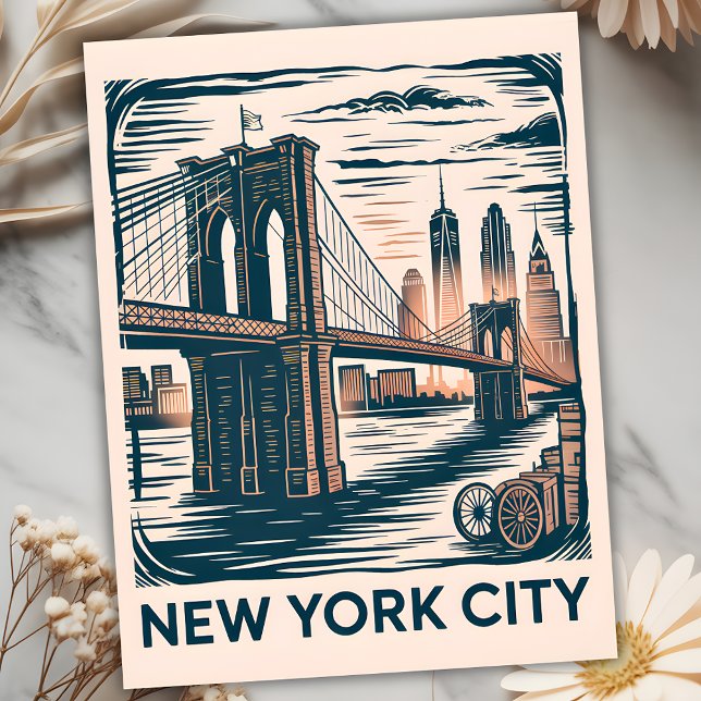 New York City Brooklyn Bridge Bold Retro Skyline  Postcard (New York City Brooklyn Bridge Bold Retro Skyline Postcard)