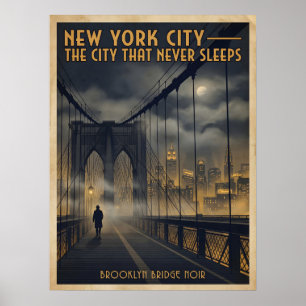 New York City Brooklyn Bridge Noir Vintage Travel Poster