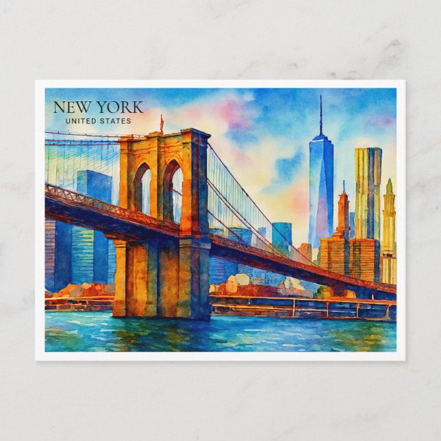 New York City Brooklyn Bridge Watercolor Holiday Postcard (Front)