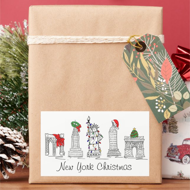 New York City Christmas NYC Landmarks Holiday Xmas Rectangular Sticker (Holiday)
