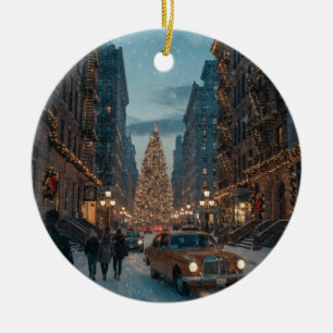 New York City Christmas Street Poster Ceramic Tree Decoration