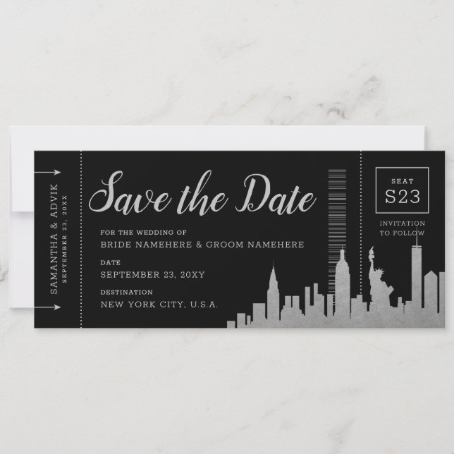New York City Destination Silver Boarding Pass Save The Date (Front)