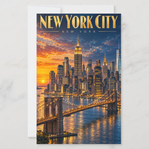 New York City Golden Skyline Sunset Travel Poster