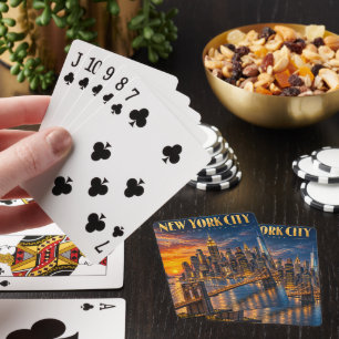 New York City Golden Skyline Sunset Travel Poster Playing Cards