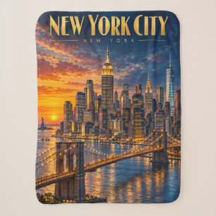 New York City Golden Skyline Sunset Travel Poster Sherpa Blanket