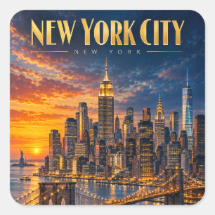 New York City Golden Skyline Sunset Travel Poster Square Sticker