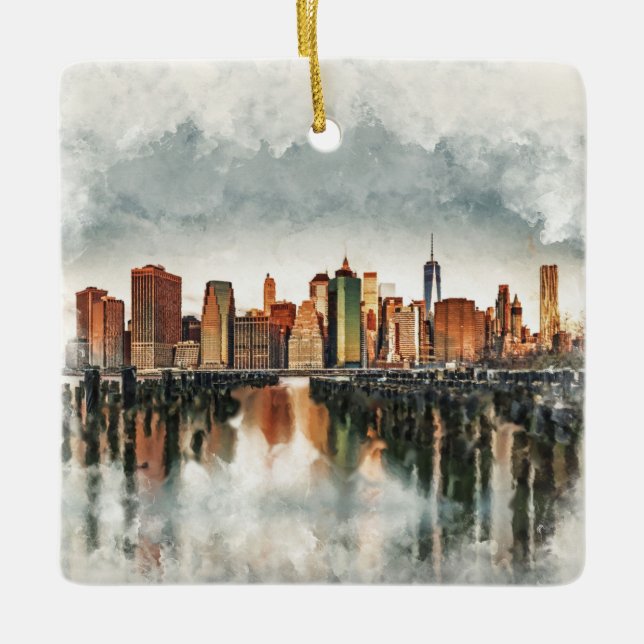 New York City Manhattan Skyline- mixed media Ceramic Ornament (Front)