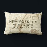 New York City Map Custom Coordinates | Beige Lumbar Cushion<br><div class="desc">Shown for New York, NY, this cool modern design features a New York City map in neutral beige tones with latitude and longitude in coordinating typography. You can upload your own map (template image is 3000 x 3000), enter your city and/or state and personalise with your coordinates using the fields...</div>
