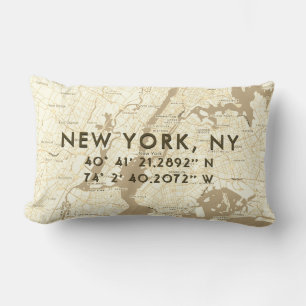 New York City Map Custom Coordinates   Beige Lumbar Cushion