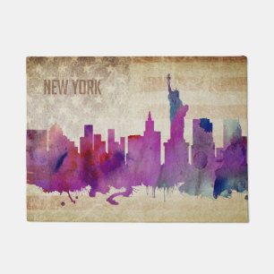New York City, NY Watercolor City Skyline Doormat