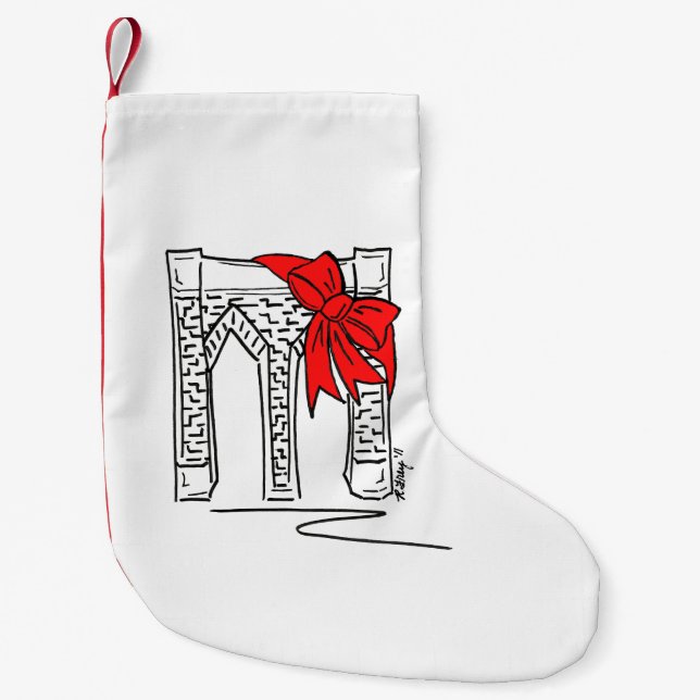 New York City NYC Brooklyn Bridge Bow Chrismas Small Christmas Stocking (Front)