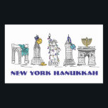 New York City NYC Happy Hanukkah Chanukah Holiday Rectangular Sticker<br><div class="desc">Features an original pen-and-ink illustration of various New York City landmarks "dressed up" for the holiday season. Perfect for Hanukkah!

This Chanukah illustration is also available on other products. Don't see what you're looking for? Need help with customisation? Contact Rebecca to have something designed just for you.</div>