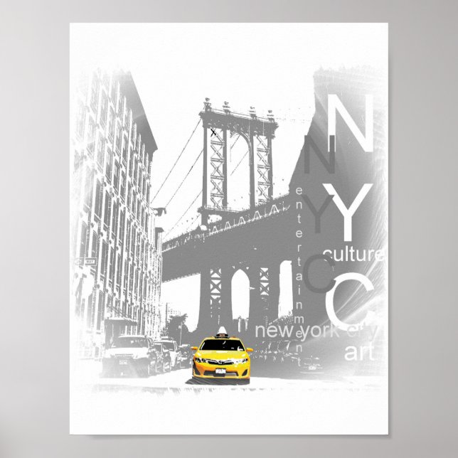 New York City Nyc Yellow Taxi Brooklyn Bridge Poster (Front)