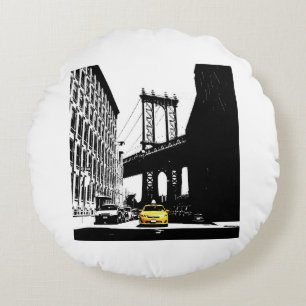 New York City Nyc Yellow Taxi Brooklyn Bridge Round Cushion
