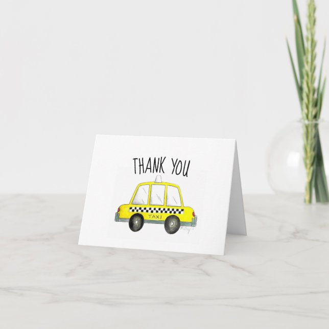 New York City NYC Yellow Taxi Cab Birthday Party Thank You Card (Front)