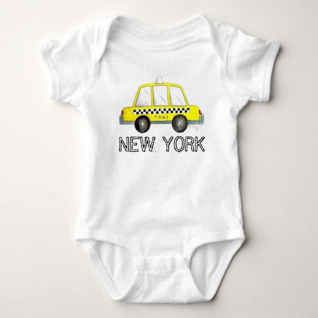 New York City NYC Yellow Taxi Chequered Cab Car Baby Bodysuit (Front)