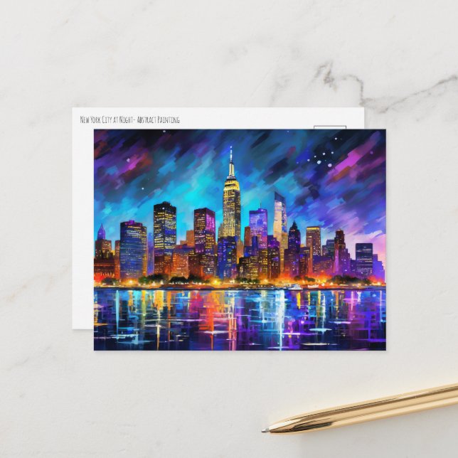 New York City Skyline at Night Abstract Painting Postcard (Front/Back In Situ)
