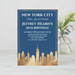 New York City Skyline Birthday Party Blue & Gold  Invitation