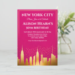 New York City Skyline Birthday Party Pink & Gold Invitation
