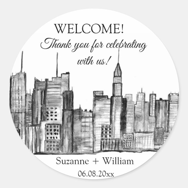 NEW YORK CITY skyline Black White Favours Weddings Classic Round Sticker (Front)